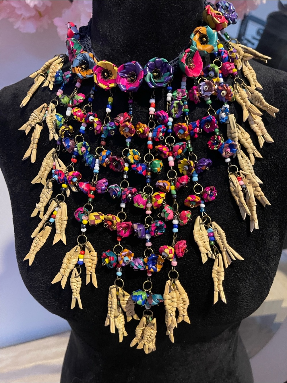 Handcrafted Multicolor Floral & Tan Tassel Statement Necklace